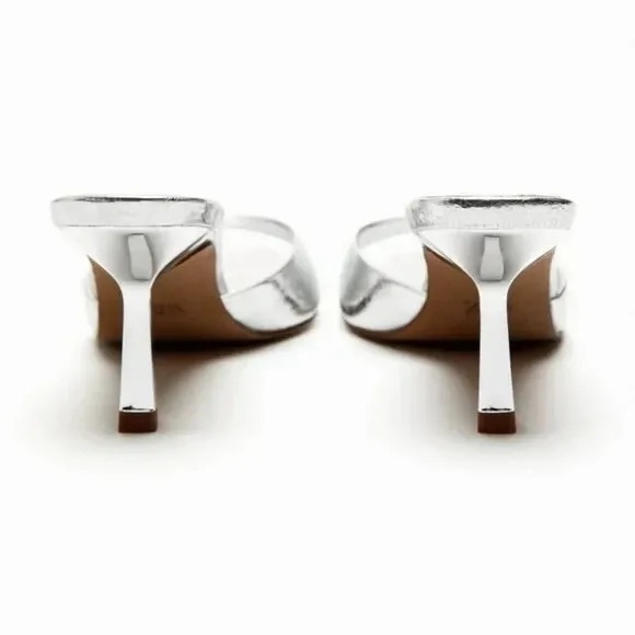 Zara heeled metallic leather slides Silver NWT - Picture 6 of 7